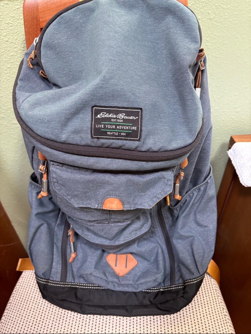 Eddie Bauer Blue and Black Men's Backpack with Brown Accents